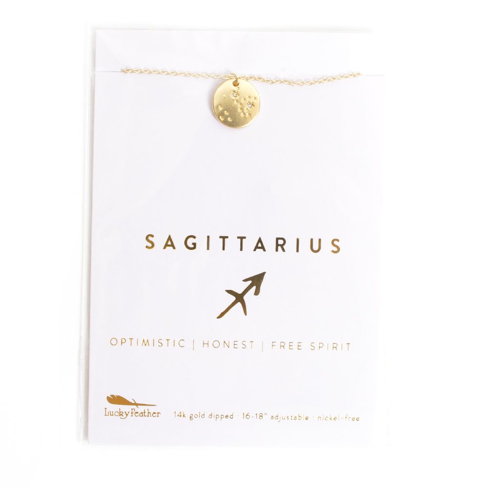 Lucky Feather, Gold, Zodiac, Necklace, Sagittarius